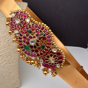 Vadanam/saree Belt/kamarpatta/kundan Red Kemp CZ Green Beads Satin