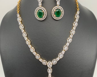 Baguette Stones American Diamond and Green Stone Short Necklace