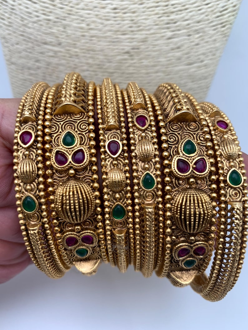 Indian Kemp Matte Finish Bangle Set, Red Green Traditional Gold Tone ...