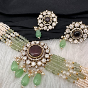 Mint Green Moissanite Choker| Green Beads Pearls Choker| Indian Choker| Pakistani Jewelry