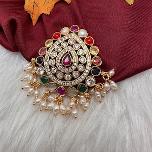 92.5 Silver Navratan Rice Pearls Pendent / Indian Jewelry