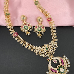 Indian Jewelry, Pakistani Jewelry, AD Red Green Stone Peacock Chandbali Design Golden Finish Long Necklace