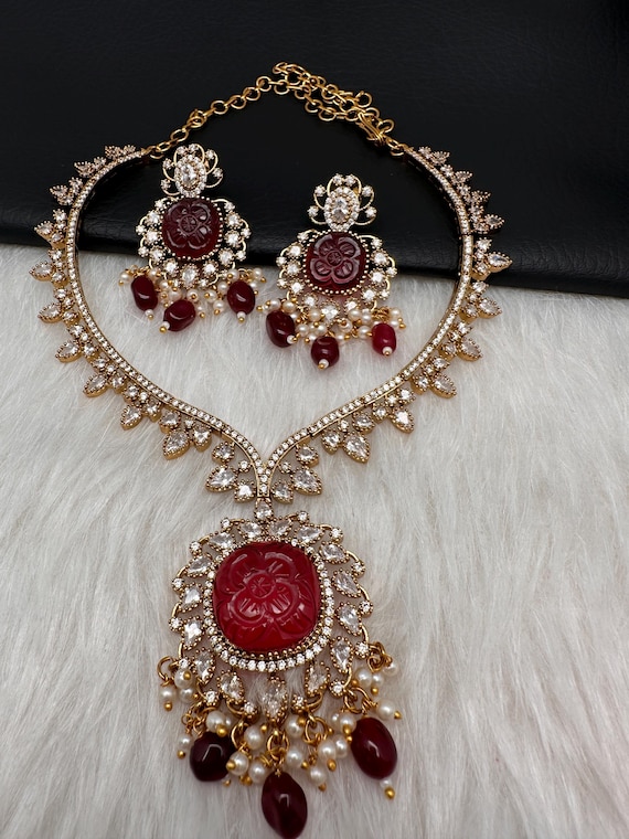 Victorian Red Carved Stone AD Necklace Cz Indian Jewelry/ pakistani Jewelry