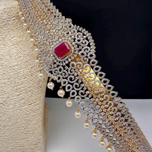 Hip Belt/Waist Chain/ Kamarbandh/Vadanam/Saree Belt/Kamarpatta/AD Floral Design Diamond Finish Ruby Red Stone Hip Belt Kamarbandh