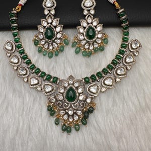 Moissanite Green Victorian Necklace/ Indian Jewelry/ Pakistani Jewelry Statement Necklace