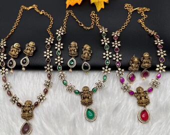 CZ Matte Goddess Lakshmi Dainty Necklace/ Indian Jewelry