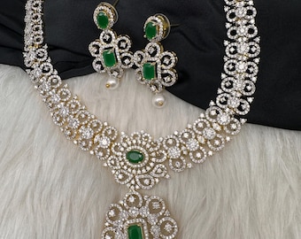 AD Diamond Emerald Green Necklace Pakistani Jewelry Indian Jewelry CZ
