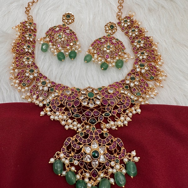 Kempu Guttapusallu Necklace/ Indian Jewelry/ Red Kemp Necklace