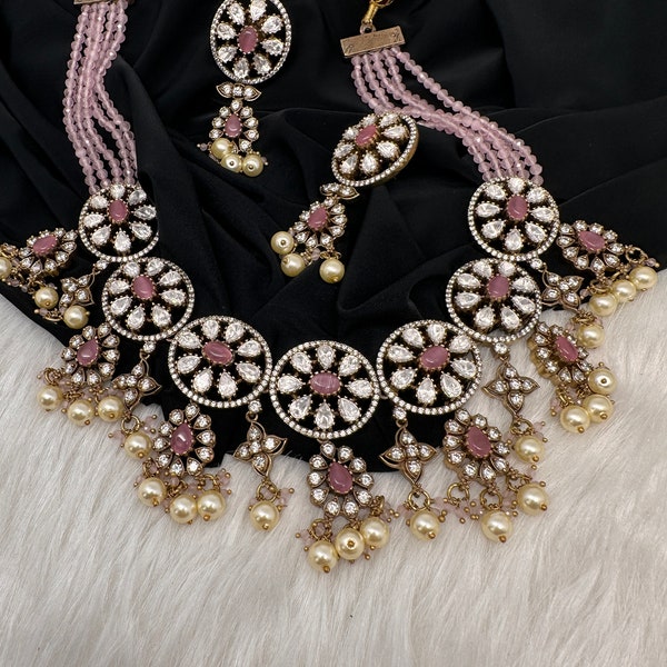 Polki Pink Onyx Beads Necklace  Indian Jewelry Pakistani Jewelry