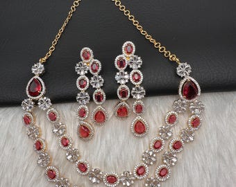 CZ Double Layer Red Short Necklace Pakistani Jewelry Indian Jewelry