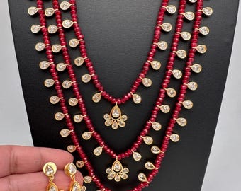 Ruby Red Beaded Necklace, CZ Indian Jewelry with Earrings