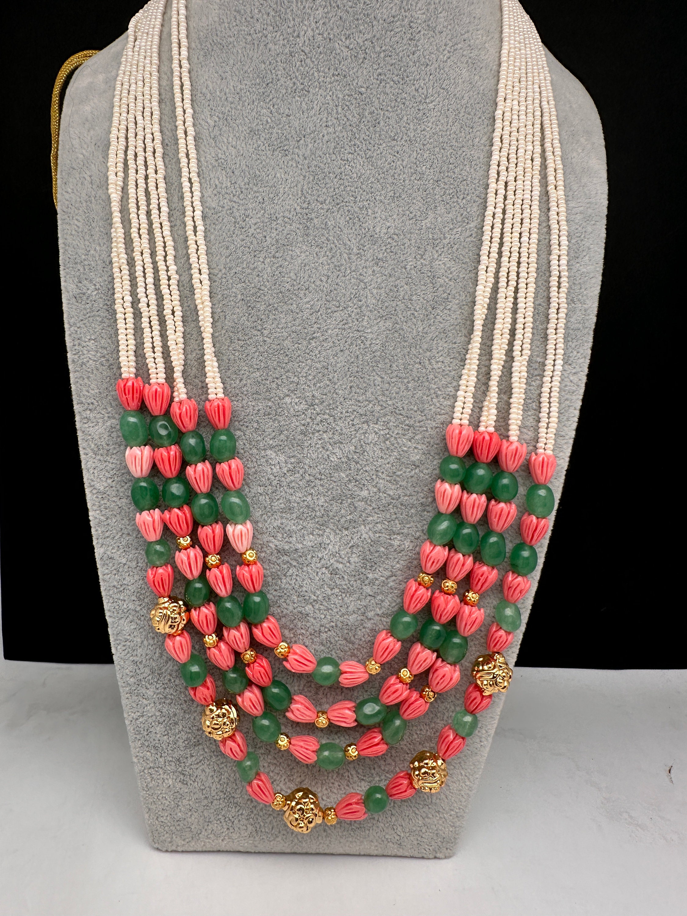 Coral Tulip Emerald Nakshi Balls Multi Layer Necklace India