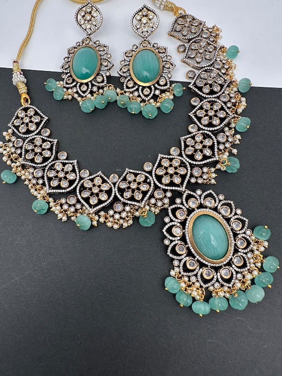 Victorian Kundan Moissanite Green Necklace/Indian Jewelry/ Pakistani Jewelry
