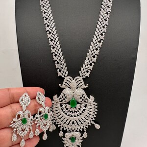 AD Emerald Diamond Long Necklace/ Cubic Zirconia Green Necklace/Indian Jewelry/ Pakistani Jewelry Silver Necklace