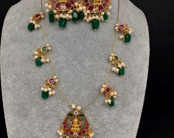 Kempu Goddess Lakshmi Invisible Chain Dainty  Necklace, Indian Jewelry