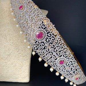 Hip Belt/Waist Chain/ Kamarbandh/Vadanam/Saree Belt/Kamarpatta/AD Floral Design Diamond Finish Ruby Red Stone Hip Belt Kamarbandh