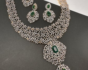 AD Diamond Finish Emerald Green Detachable Pendent Necklace, Mang Tika Pakistani jewelry Indian Jewelry