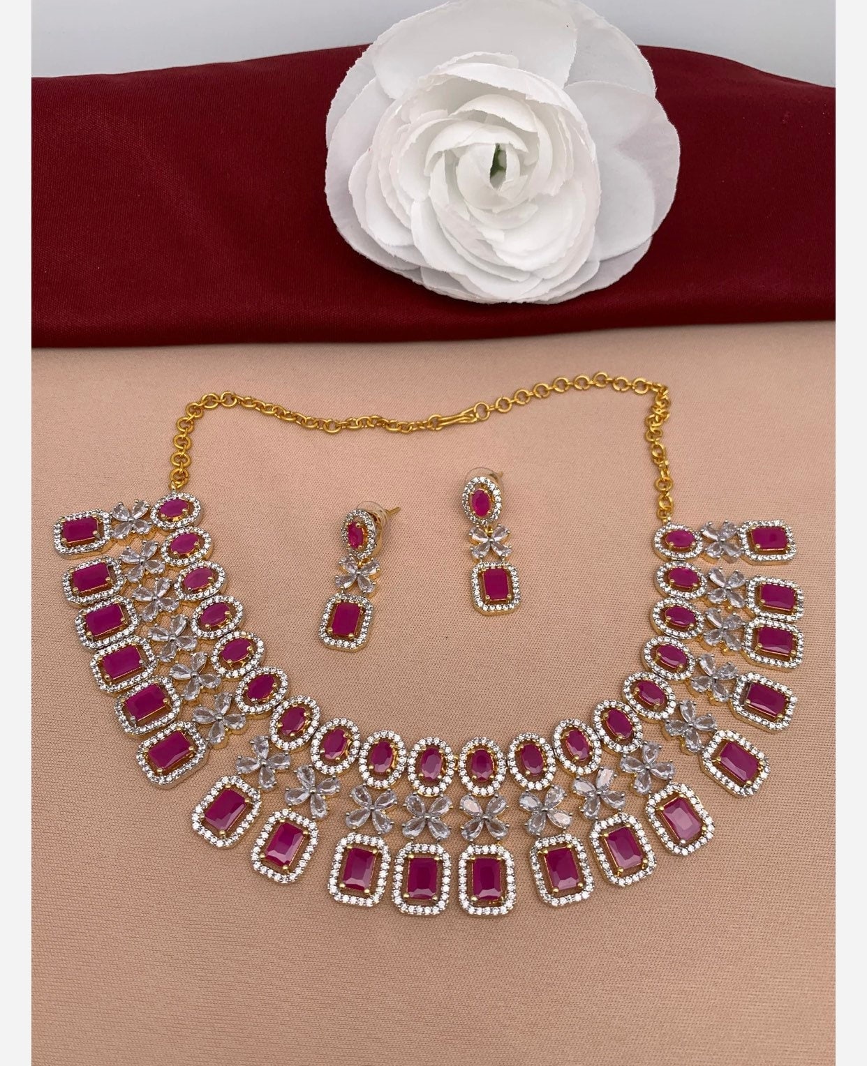 Ruby Necklace/ruby Red Necklace Diamond Finish American 