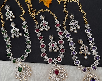 AD Pearl Necklace purple, Green Pakistani Jewelry Indian Jewelry CZ