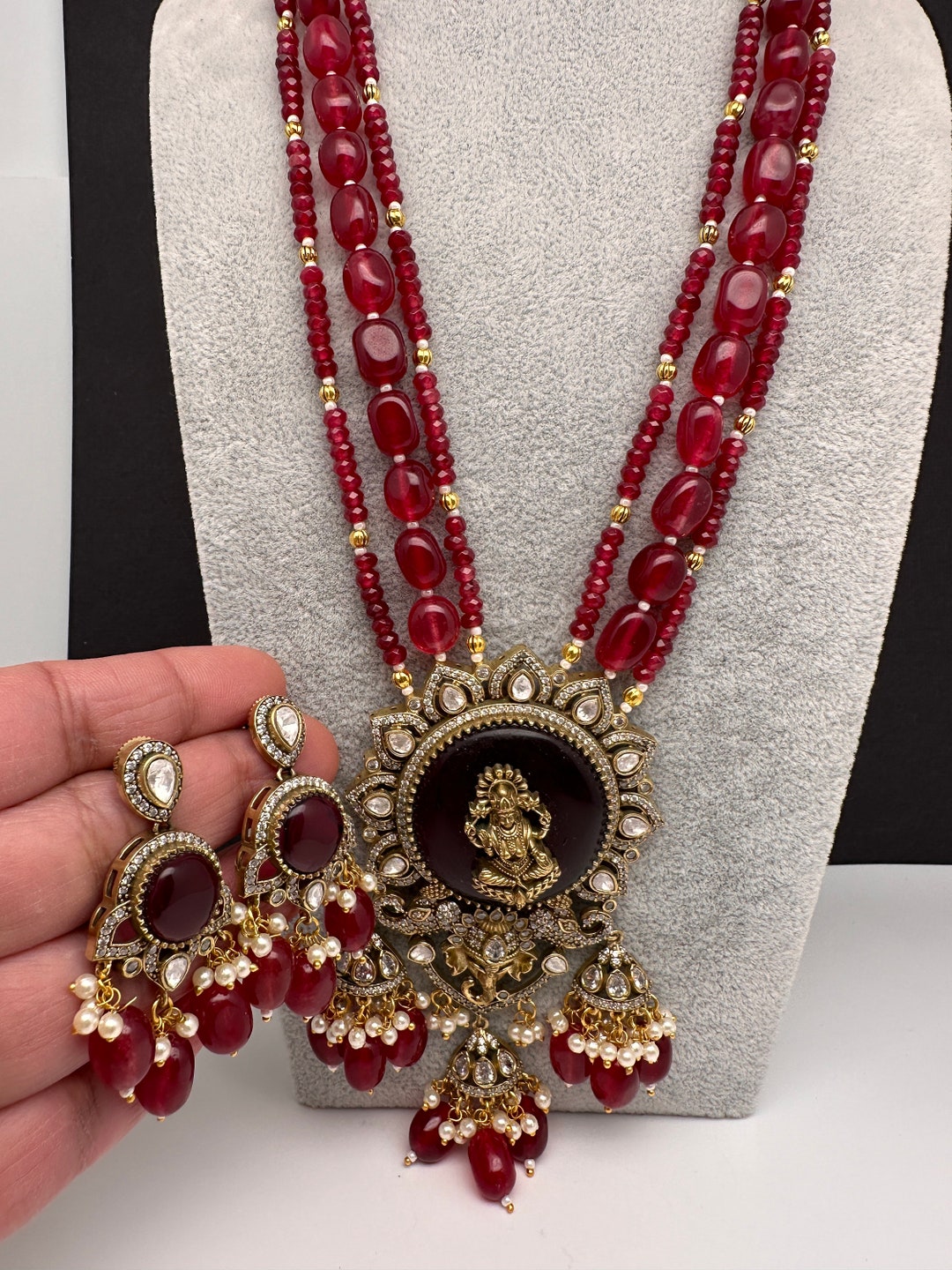 Red Beads Necklace Indian Jewelry/ Monalisa Beads Polki Ganesha Lakshmi