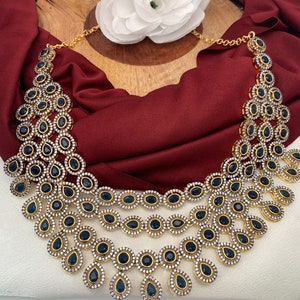 Blue Sapphire Diamond Necklace/ Multi Layer Necklace, Pakistani Jewelry, Indian Jewelry