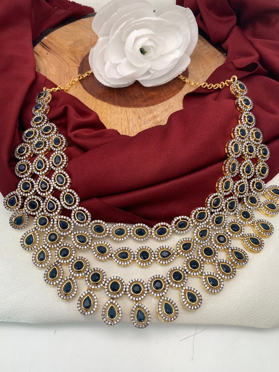 Blue Sapphire Multi Layer Necklace, Indian Pakistani Jewelry