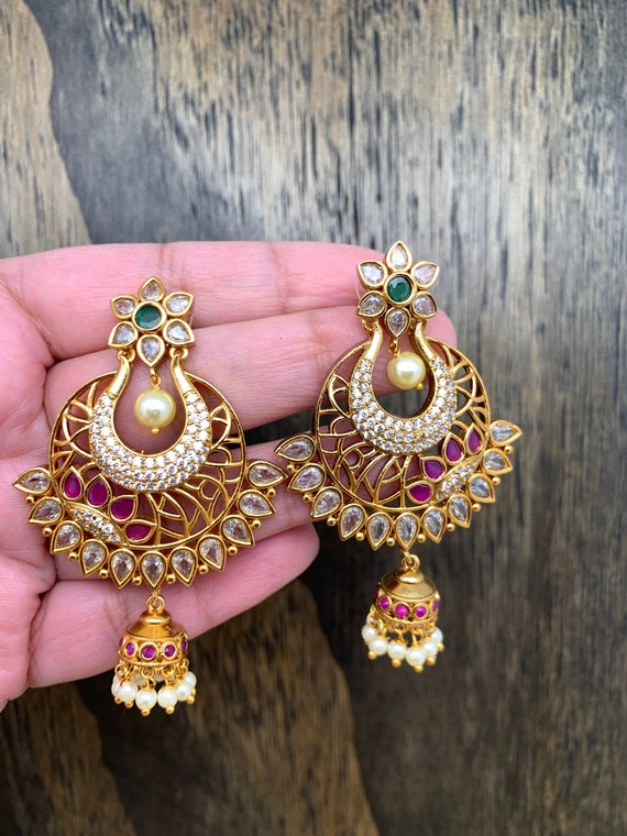 Dazzling Polki Chandbali Earrings Featuring SP Rubies Emeralds & White  Pearl Droplets - Pure Pearls