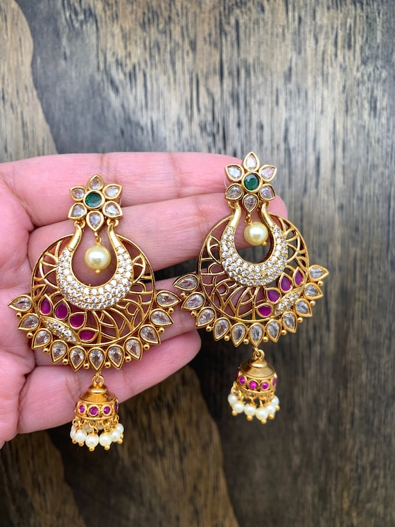 Dazzling Polki Chandbali Earrings Featuring SP Rubies Emeralds & White  Pearl Droplets - Pure Pearls