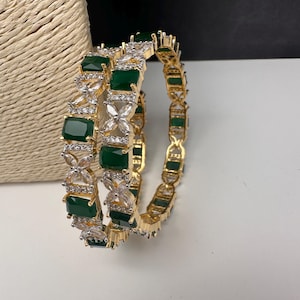 Diamond Green Emerald Bangles ,CZ Indian Bangles, Pakistani Jewelry, Bracelets/Kada