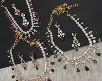 AD Pearl Necklace purple, Green Pakistani Jewelry Indian Jewelry CZ