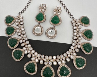 Victorian Kundan Green Necklace, Moissanite Indian Jewelry
