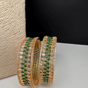 Green AD Kada Bangles, Emerald Golden Finish Pair