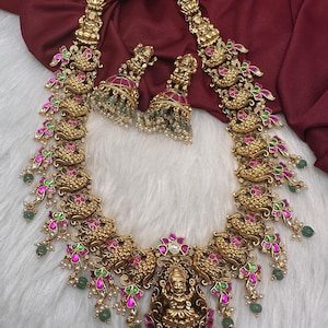 Goddess Lakshmi Jadau Kundan Long Harram Necklace, Indian Jewelry