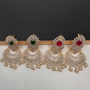 CZ Chandbali Earrings, Emerald Ruby Statement Earrings Indian Jewelry
