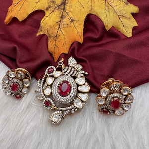 92.5 Silver Moissanite Red Pendent Set / Indian Jewelry