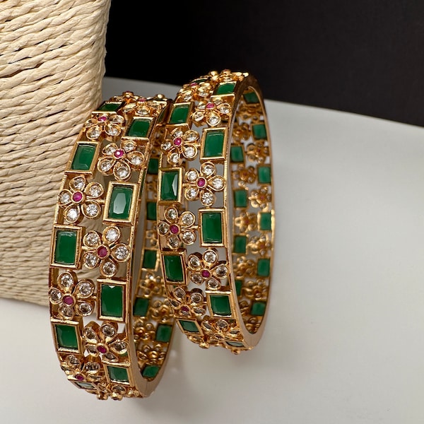 Green Cz Bangles ,CZ Indian Bangles, Pakistani Jewelry, Green AD Bangles