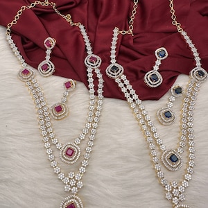 Dainty AD Necklace/ Cubic Zirconia Green Necklace/Indian Jewelry/ Pakistani Jewelry Ruby Sapphire Necklace