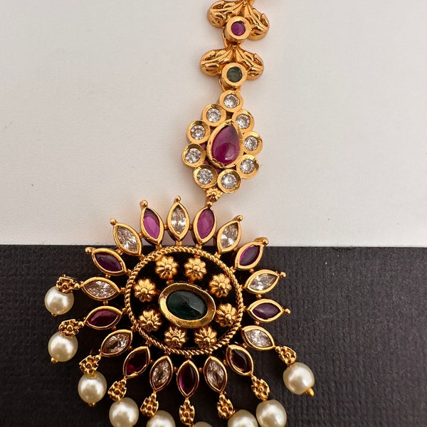 Matte Kempu Pearls Mang tikka, Indian Jewelry Forehead Jewelry, South Indian TIkah, Wedding Jewelry