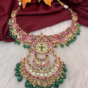 Jadau Kundan Chandbali Emerald Pearls Traditional Necklace, Indian Jewelry