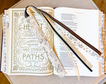 Boho Bible Bookmark Ribbons – Wooden Spine, Cotton Fabric Wrap