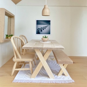 Modern Dollhouse Wooden slat top rustic 1/12 scale dining table with X shape legs, scandi 1:12