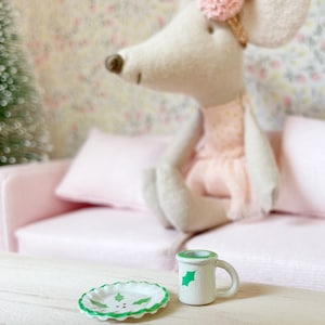 Miniature Christmas plate and mug with holly print for modern dolls house 1/12 1:12 scale image 1