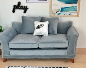 Modern Dollhouse Grey Blue Velvet Sofa with cushions 1/12 1:12 scale