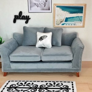 Modern Dollhouse Grey Blue Velvet Sofa with cushions 1/12 1:12 scale