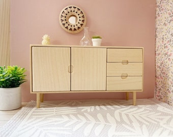 Miniature Sideboard for Modern Dollhouse - wooden scandi style unit with drawers and cupboards 1/2 1:12 scale