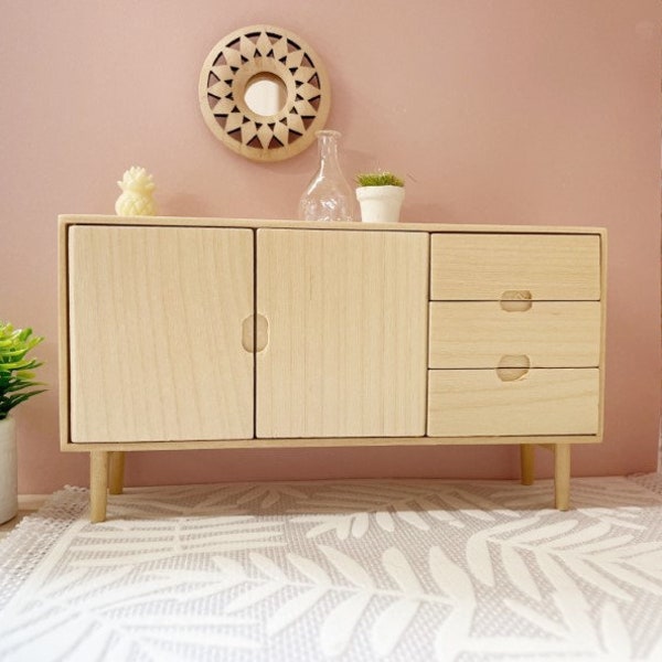 Miniature Sideboard for Modern Dollhouse - wooden scandi style unit with drawers and cupboards 1/2 1:12 scale