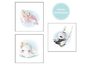 Baby Animals Digital Download Modern Dollhouse Wall Prints - Seal, Whale, Panda 1:12 1/12 scale