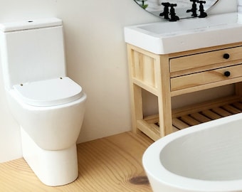 White wooden modern dollhouse toilet in 1/12 scale