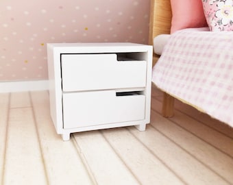 White wooden bedside drawers for miniature modern dollhouse