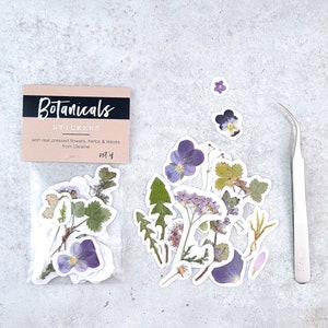 Autocollants botaniques, vraies fleurs pressées, 16pcs d’herbes séchées. ensemble de forêt rose et verte. Décalcomanies d’herbier pour scrapbooking, plantes pour ordinateur portable